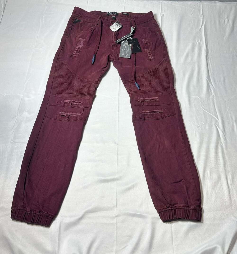 Y2k Seven Souls Men’s 36x30 Burgundy Moto Cargo Jogger Pants Stretch Denim NWT